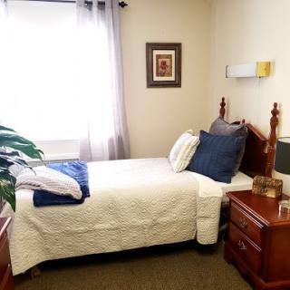 A cozy and well-lit bedroom featuring a single bed with decorative pillows and a bedside nightstand.