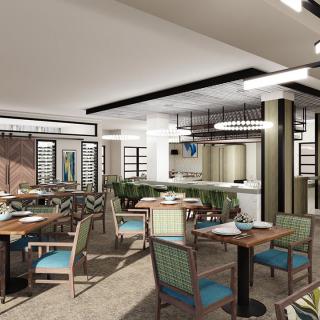 A modern restaurant dining area with stylish furniture and decor.