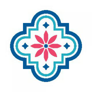 A geometric floral pattern with blue and red colors.