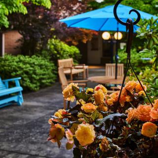 A cozy garden patio with vibrant flowers and outdoor seating.