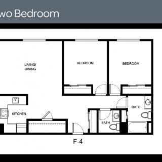 A floor plan of a two-bedroom apartment layout with designated living room, bedrooms, bathrooms, and office space.