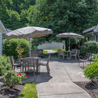 A tranquil outdoor seating area surrounded by lush greenery.