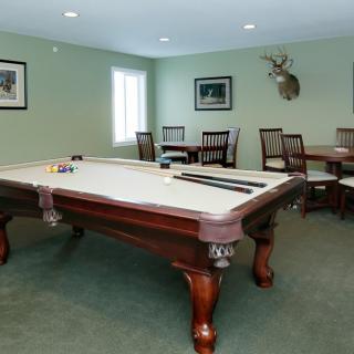 A cozy recreation room featuring a pool table and seating area with green carpeted flooring.