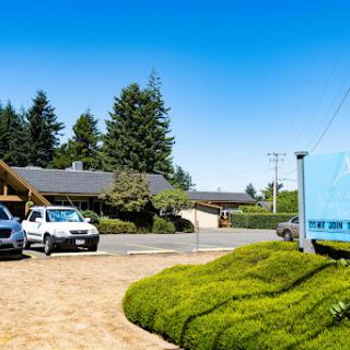 A serene neighborhood scene featuring parked vehicles, well-manicured greenery, and clear blue skies.