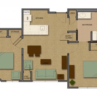 Floor plan of an apartment with two bedrooms, a kitchen, and a living area.