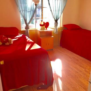 A cozy bedroom with twin beds adorned in red bedding, illuminated by sunlight streaming through sheer blue curtains.