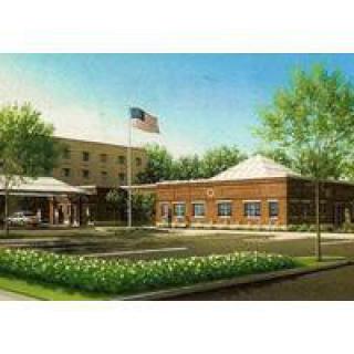 Illustration of a building with an American flag, surrounded by trees and a garden.