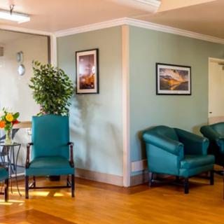 A cozy waiting room with green chairs, potted plants, and framed artwork on the walls.