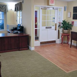 A clean and orderly lobby with a reception desk, plant, and entrance door.