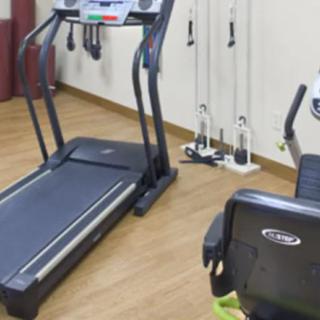 A small gym setup with a treadmill and exercise bike.