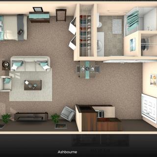 3D floor plan of a modern apartment with one bedroom, living room, kitchen, and bathroom.