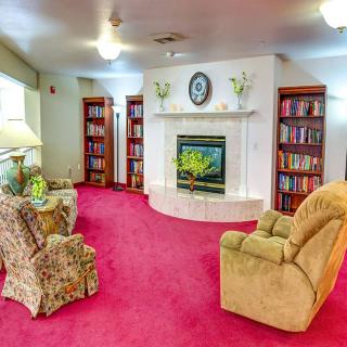 A cozy living room with a fireplace, surrounded by bookshelves and comfortable armchairs on a red carpet.