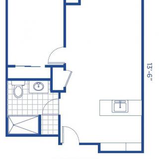 A detailed floor plan showing a bathroom and kitchen area.