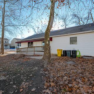 A house surrounded by trees with fallen autumn leaves covering the ground.