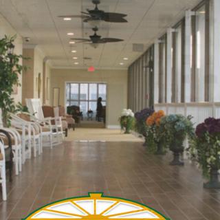 A well-lit corridor with chairs along the walls, decorated with plants and flowers, featuring large windows and ceiling fans.