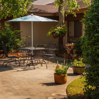 A cozy outdoor patio area with a table and chairs under an umbrella, surrounded by lush greenery.