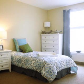A cozy bedroom with a single bed, dresser, and natural light from a large window.