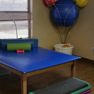 A well-organized physical therapy room equipped with a therapy table and colorful exercise balls.