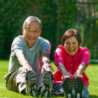 An elderly couple enjoying a stretching exercise on the grass outdoors.