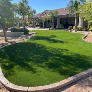 A well-maintained green lawn in a sunny residential area.