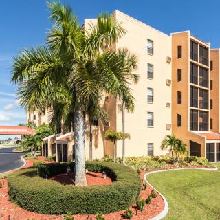 A sunny day view of an apartment building with a palm tree and landscaped garden.