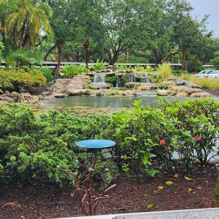 A serene view of a landscaped park featuring a tranquil pond and lush greenery.