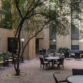 A serene courtyard featuring outdoor seating, trees, and tables, perfect for relaxation in an urban environment.