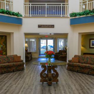 A welcoming hotel lobby with comfortable seating and elegant decor.