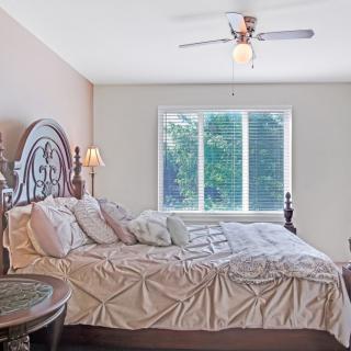 A cozy bedroom with a large bed, decorative pillows, and ample natural light streaming through the window.
