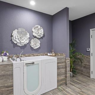 A modern bathroom featuring a walk-in tub with floral wall decorations and wood-look tile flooring.