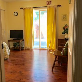 A cozy living room with hardwood floors and yellow curtains letting in the sunlight.