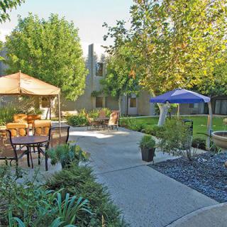 A tranquil outdoor patio area surrounded by lush greenery and equipped with gazebo-covered seating.