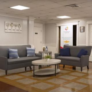 A modern lobby with comfortable seating and stylish decor.
