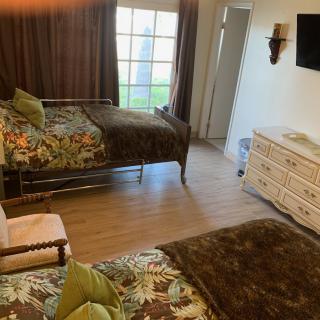A cozy bedroom with two beds, a dresser, and a television.