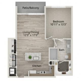 One-bedroom apartment floor plan with a living/dining area, kitchen, bathroom, and patio/balcony.