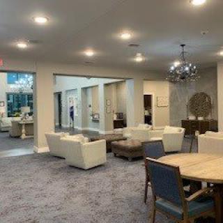 A modern lobby area with elegant seating and lighting.