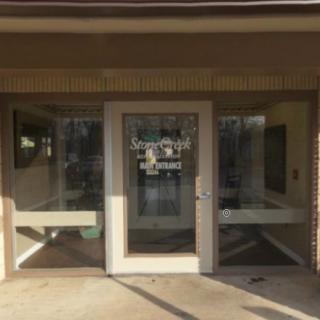 Glass entrance doors of a building.