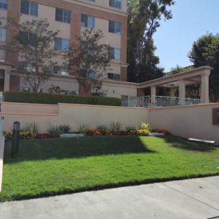 A view of a landscaped area in front of a residential building, featuring well-maintained grass and surrounding greenery.