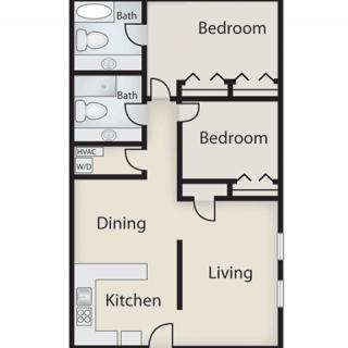 A floor plan showing an apartment layout with two bedrooms, a bathroom, a kitchen, dining area, and living room.
