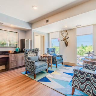 A modern living room featuring stylish armchairs, a coffee table, and vibrant decor with ample natural light.