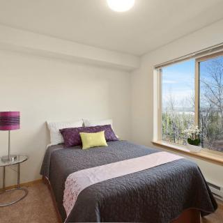 A well-lit minimalist bedroom with a double bed, colorful lamp, and large window.