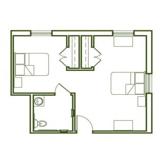 A simple floor plan with two rooms and a bathroom.