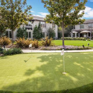 A putting green surrounded by trees and residential buildings.