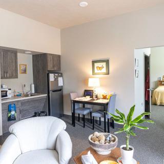 A modern living space featuring a kitchen, dining area, and comfortable seating with contemporary decor.