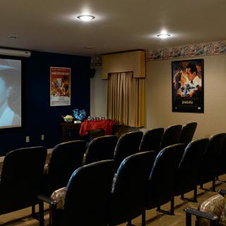 A cozy home theater setup with rows of chairs, a projector screen displaying a film, and movie posters on the walls.