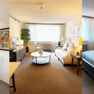 A cozy home interior showcasing a living room and a bedroom with modern furniture and decor.