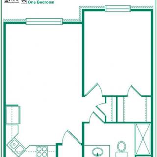 One-bedroom apartment floor plan with kitchen, living room, and bathroom.