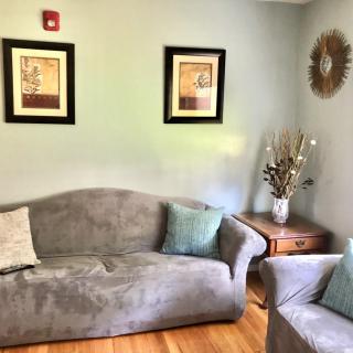 A cozy living room with a gray sofa, complemented by wall art and decorative pillows.