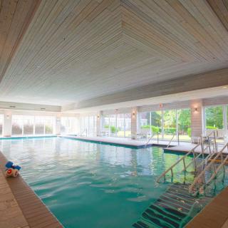 An inviting indoor swimming pool with large windows and comfortable ambiance.