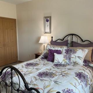 A cozy bedroom with floral bedding and an iron bed frame, featuring a nightstand with a lamp and a closet in the corner.